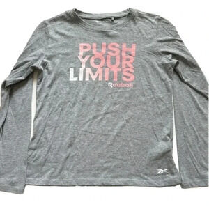 REEBOK Girls Athletic Long sleeve Tshirt Push Your Limits gray pink school sz L